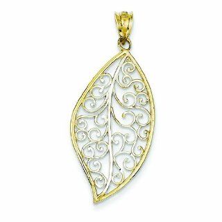 14K Gold & Rhodium Diamond cut Leaf Pendant: Jewelry