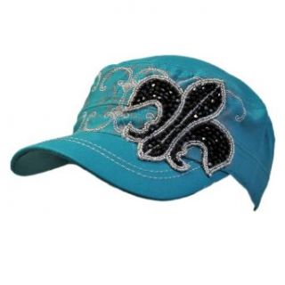 Luxury Divas Teal Blue Cotton Military Cap Hat With Beaded Fleur De Lis at  Womens Clothing store