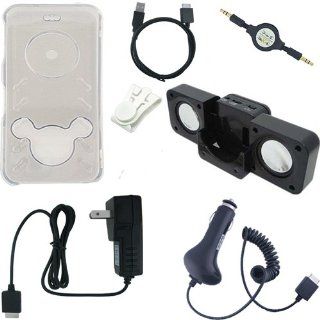 Premium Sony Walkman Accessories Combo Bundle Pack: Clear Crystal Case Cover, Car Charger, Wall / Travel / AC Adapter Charger, 2in1 Sync USB Cable, 3.5mm Auxillary / Stereo Retractable Cable, Belt Clip, and Black Foldable Speakers for the Sony Walkman NWZ 