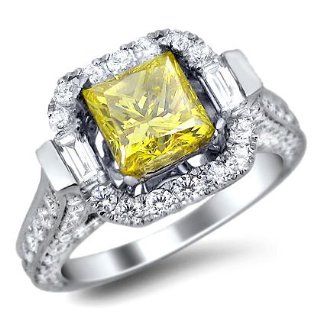 3.07ct Canary Fancy Yellow Princess Cut Diamond Engagement Ring 18k White Gold: Jewelry