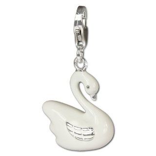 SilberDream Charm enameled white swan, 925 Sterling Silver Charms Pendant with Lobster Clasp for Charms Bracelet, Necklace or Earring FC645: SilberDream: Jewelry