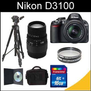 Nikon D3100 14.2MP Digital SLR Camera (Black) with 18 55mm f/3.5 5.6 AF S DX VR Nikkor Zoom Lens, Sigma 70 300mm f/4 5.6 SLD DG Macro Lens, Tripod, 16gb SDHC Card, Filters, DSLR Case, and Instructional DVD Kit  Digital Slr Camera Bundles  Camera & Ph