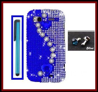 Luxury Diamonds Rhinestones for HTC Sensation 4G T Mobile Glossy Diamonds Bling with Pearls Blue Heart Design Snap on Case Cover Front/Back + Blue Stylus Touch Screen Pen + One FREE Blue 3.5mm Bling Headset Dust Plug: Cell Phones & Accessories