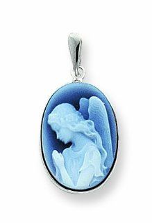 14K White Gold 13x18mm Guardian Angel Agate Cameo Pendant: Jewelry