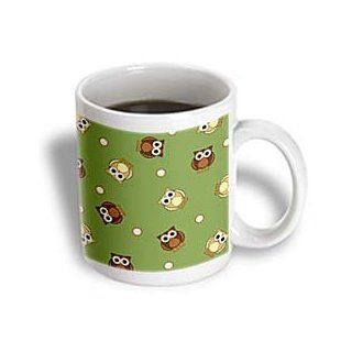 3dRose Cute Brown Owl and Dot Print Green Ceramic Mug, 15 Ounce: Kitchen & Dining