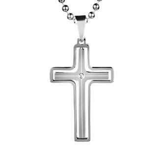 Two Tone Stainless Steel and Cubic Zirconia 2 Piece Cross Pendant Necklace   24 Inch Ball Chain: Pendant Necklaces: Jewelry