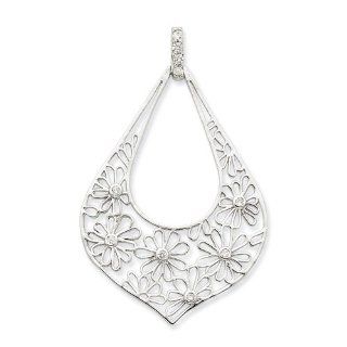 Sterling Silver Flowers W/ Cz Teardrop Pendant: Jewelry