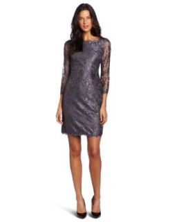 Adrianna Papell Women's Long Sleeve Lace Dress, Dark Silver, 4