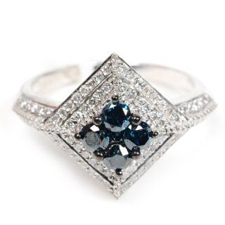 Square Shape Blue & White Diamond Ring Sterling Silver Fine Party Ring Jewelry: Jewelry
