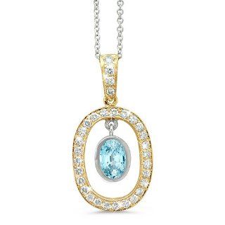 Twin Oval Shaped Vintage Diamond Pendant In 18K Yellow Gold With A 1.45 ct. Genuine Blue Zircon Center Stone.: Pendant Necklaces: Jewelry