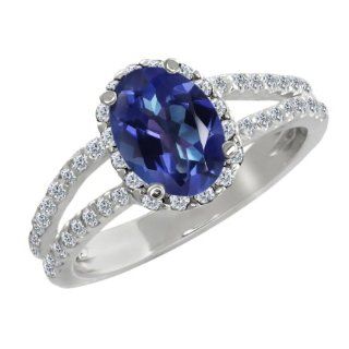 2.08 Ct Oval Tanzanite Blue Mystic Topaz White Diamond 14K White Gold Ring: Jewelry