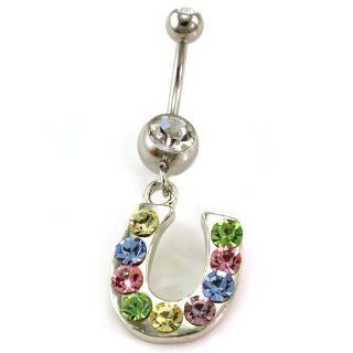Multicolor Horseshoe Dangle Belly Button Navel Rings Pink Blue Yellow Green Stones Body Fashion Jewelry 14 Gauge: Jewelry