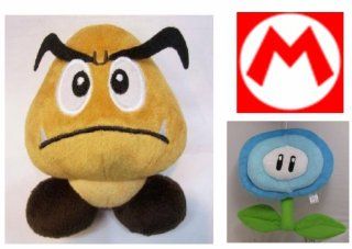 Hard to Find Super Mario Brothers Goomba 5" Plush Doll and 6" Mario Blue Ice Flower Doll: Toys & Games