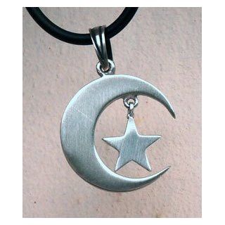 Moon Star Amulet Pewter Pendant W Black rubber Necklace: Jewelry