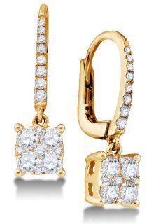18K Yellow Gold Round Brilliant Cut Diamond   Square Princess Shape Invisible & Channel Set Dangle Earrings   (.83 cttw.): Jewelry