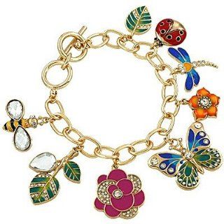 Pink, Teal, Blue, Orange, Yellow, Red & Green Charm Bracelet. Bumblebee, Leaf, Ladybug, Dragonfly, Flower and Butterfly Charm Bracelet. Gold Plated. Toggle Closure. Jewelry