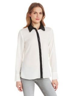 Calvin Klein Women's Blouse with Faux Leathr Collar at  Womens Clothing store: Button Down Shirts
