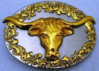 Bull Long Horn Gold Oval Plain Finishing Cowboy Vaquero Cowgirl Western Texas Style Belt Buckle Men Women.: Everything Else