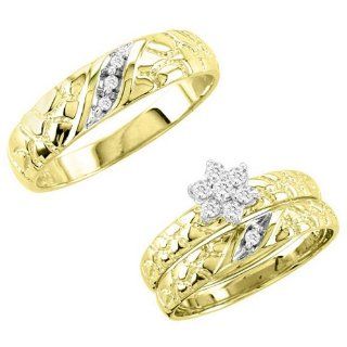 10K Yellow Gold 0.15cttw Round Diamond Trio His and Hers Bridal Ring Set: Wedding Ring Sets: Jewelry