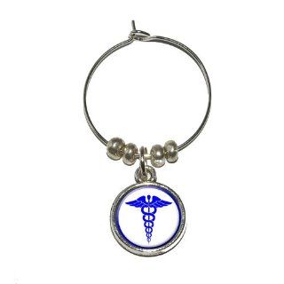 Caduceus Medical Symbol Blue   Doctor MD RN EMT Wine Glass Charm Drink Stem Marker Ring: Kitchen & Dining