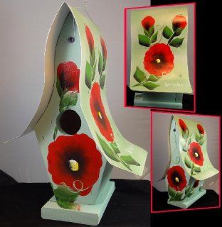 Artist Signed   Hand Painted Outdoor Mountain Red Poppies (Mountain Rose)   Outdoor Hanging Birdhouse   Decorative Hand painted By Free Hand on All 4 Sides   Hand Made and Crafted in the Tennessee Mountains, USA., Unique Whimsical Design. Outdoor Safe, Han