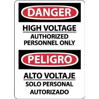 NMC ESD684RB Bilingual OSHA Sign, Legend "DANGER   HIGH VOLTAGE AUTHORIZED PERSONNEL ONLY", 10" Length x 14" Height, Rigid Plastic, Black/Red on White Industrial Warning Signs