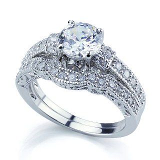 Rhodium Plated Sterling Silver Vintage Style 2Pc Engagement Ring Bridal Sets For Women 6mm ( Size 5 to 9): Jewelry