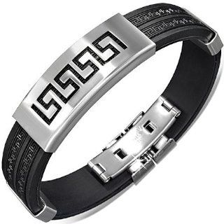 Stainless Steel Black Rubber Silver Tone Greek Key Mens Bracelet with Clasp: My Daily Styles: Jewelry