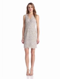 Adrianna Papell Women's Sleeveless V Neck Lace Dress, Taupe, 12