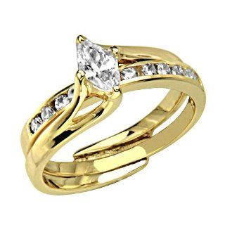14K Yellow Gold Solitaire Marquise cut CZ Cubic Zirconia with Side stone High Polish Finish Ladies Wedding Engagement Ring and Matching Band 2 Two Piece Sets Goldenmine Jewelry