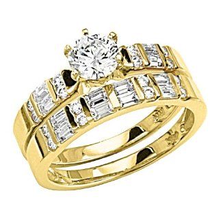 14K Yellow Gold Solitaire Round CZ Cubic Zirconia High Polish Finish Ladies Wedding Engagement Ring with Round & Baguette Side Stone and Matching Band 2 Two Piece Sets: Goldenmine: Jewelry