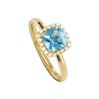 14 KT Yellow Gold 1mm Band 8mm Square Blue Topaz Ring Size 6: Right Hand Rings: Jewelry
