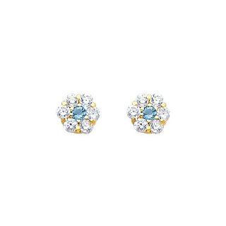 14K Yellow Gold March CZ Birthstone Flower Stud Earrings for Baby and Children (Aquamarine, Light Blue): Jewelry