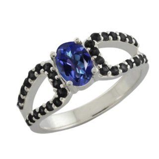 1.59 Ct Oval Tanzanite Blue Mystic Topaz Black Diamond Sterling Silver Ring: Jewelry