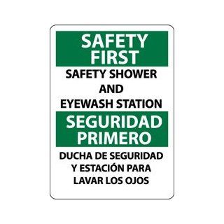 NMC M735AB Bilingual Emergency and First Aid Sign, Legend "SAFETY FIRST SAFETY SHOWER AND EYEWASH STATION", 10" Length x 14" Height, Aluminum 0.40, Green/Black on White: Industrial Warning Signs: Industrial & Scientific
