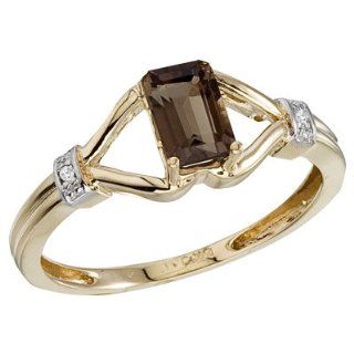 14K Yellow Gold Emerald Cut Smoky Topaz and Diamond Ring: Jewelry