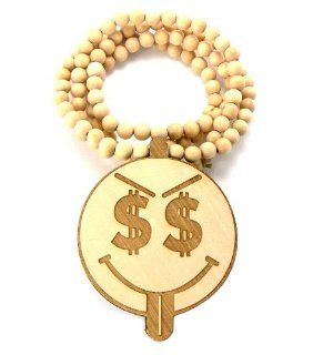 Natural Wooden Wiz Khalifa Taylor Gang Smiley Face Pendant with a 36 Inch Beaded Necklace Chain: Jewelry