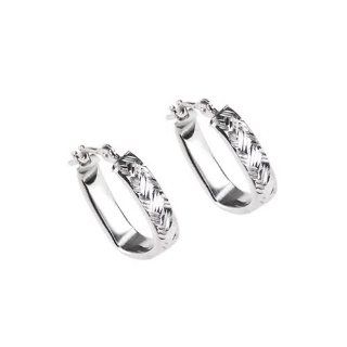 14KT White Gold Diamond Cut Basketweave "U" Hoop Earrings: Jewelry