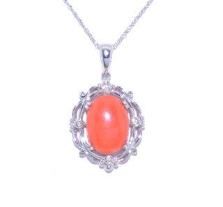 14K White Gold Pink Coral/Diamond Pendant Jewelry