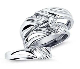 Diamond Engagement Rings Set Wedding Bands White Gold Men Ladies .17ct: Jewelry