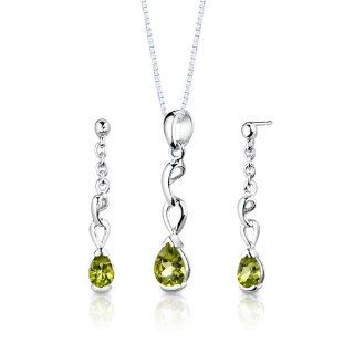 Sterling Silver Rhodium Nickel Finish 1.50 carats total weight Pear Shape Peridot Pendant Earrings and 18 inch Necklace Set: Peora: Jewelry