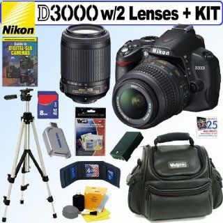 Nikon D3000 10MP Digital SLR Camera with 18 55mm f/3.5 5.6G AF S DX "VR" and 55 200mm f/4 5.6G ED IF AF S DX "VR" Zoom Nikkor Lenses + 8GB Deluxe Accessory Kit : Digital Slr Camera Bundles : Camera & Photo