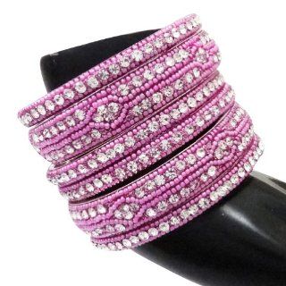 Pink Beaded Silver Tone CZ Kundan Bangle Bracelet Traditional Bollywood Jewelry Wedding Bridal Indian Jewelry Woman Churi 2*8 Jewelry