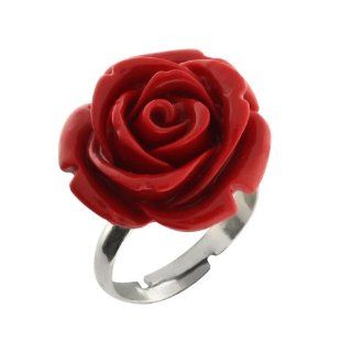 14mm Simulated Red Coral Carved Rose Flower Ring Adjustable Finger Ring: Jewelry