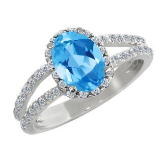 1.98 Ct Oval Swiss Blue Topaz White Diamond 18K White Gold Ring: Jewelry