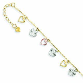 14K Gold Tri Color Adjustable Heart Anklet 9 Inches: Jewelry