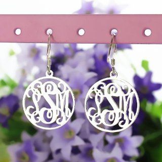 Sterling Silver Circle Monogram Earrings Custom Monogrammed Name Earrings Personalized Name Jewelry: Kitchen & Dining