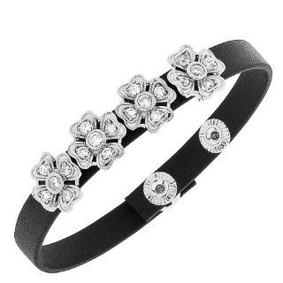 Black Leather Silver Tone White Crystals CZ Flowers Floral Design Wristband Womens Adjustable Bracelet My Daily Styles Jewelry