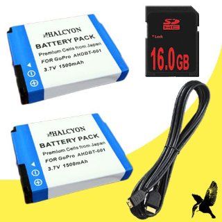 Two Halcyon 1500 mAH Lithium Ion Replacement Battery + 16GB SDHC Class 10 Memory Card + Mini HDMI Cable for GoPro HD Hero, HD Hero2, HD HERO Naked : Digital Camera Accessory Kits : Camera & Photo