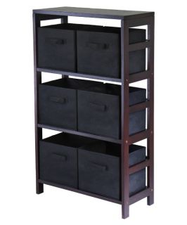 Winsome Capri 3 Section M Wood Storage Shelf Bookcase with 6 Foldable Black Fabric Baskets   Bookcases